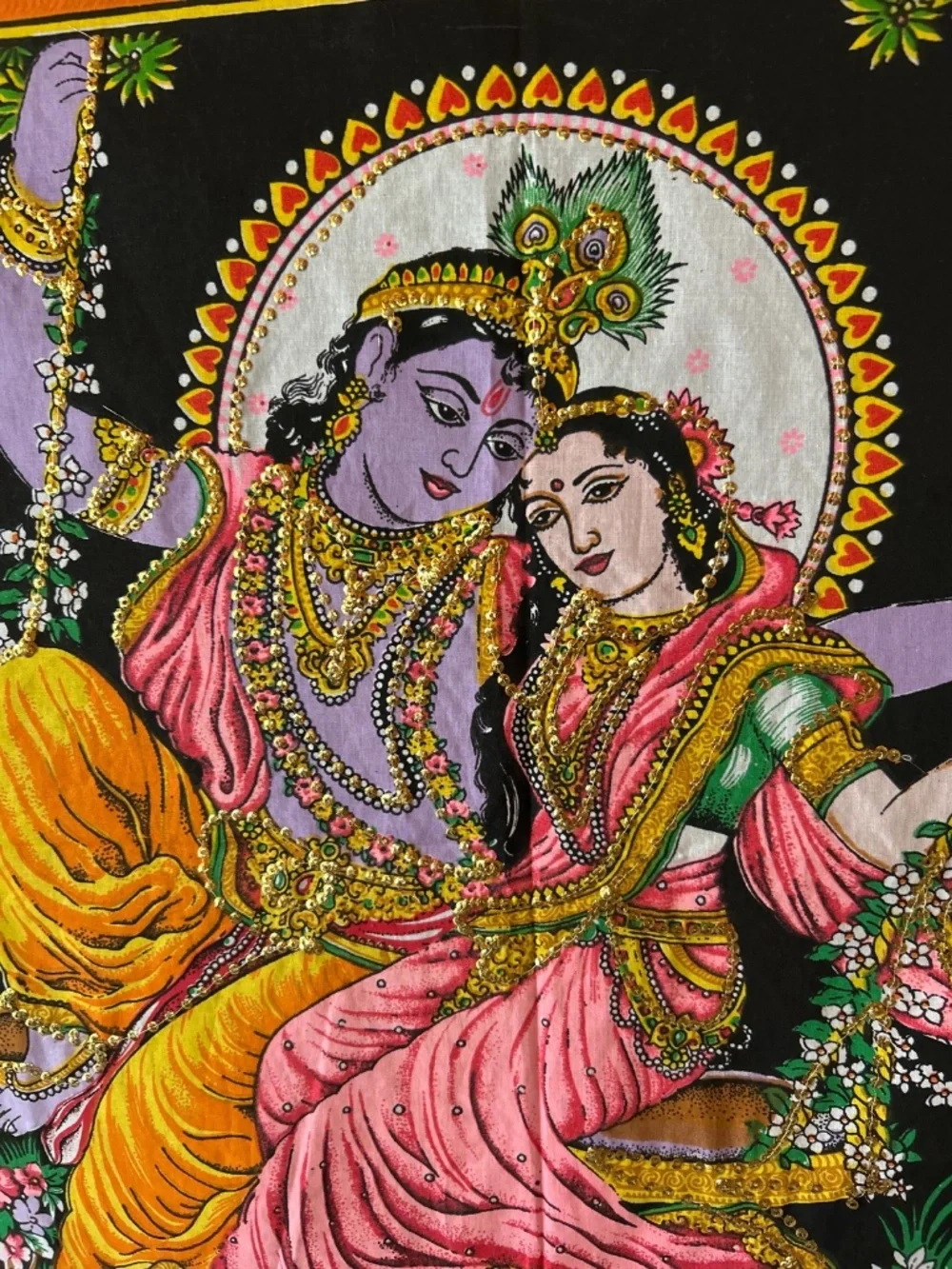 Pichwai Style Krishna Radha Sequin Tapestry | Sacred Hindu Folk Art Wall Decor